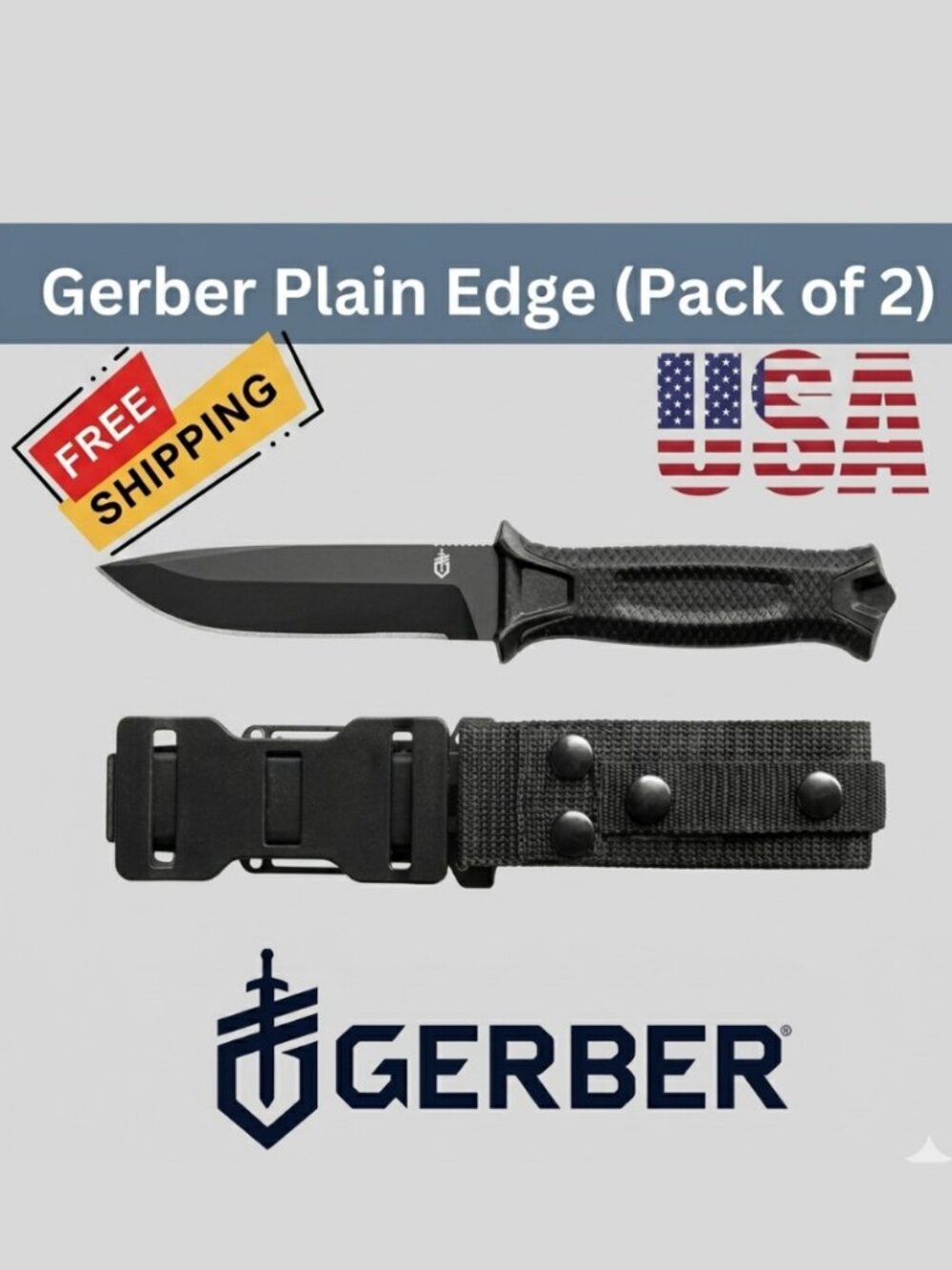 Gerber Gear StrongArm Fixed Blade, Full Tang Knife Black, Plain Edge(Pack of 2)